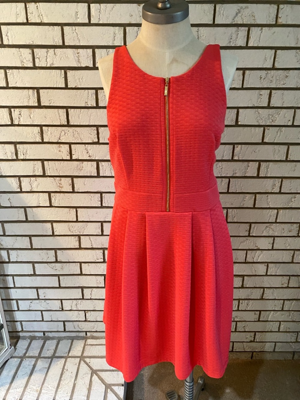 Sleeveless Coral Zip-Front Fit & Flare Dress